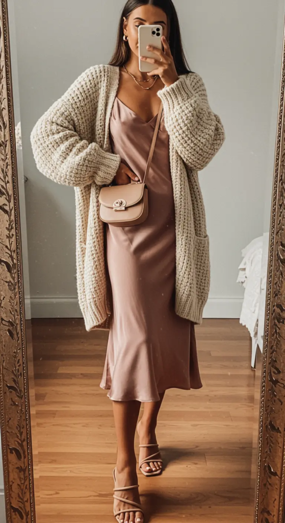 Silk Slip Dress with Chunky Knit Cardigan