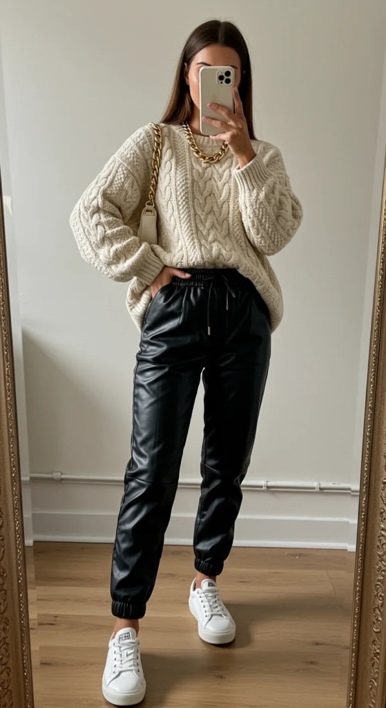Leather Joggers and Oversized Sweater