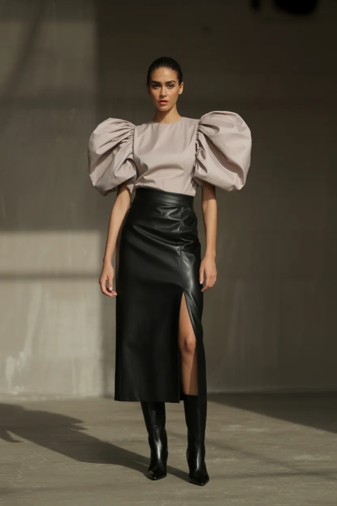 Puff-Sleeve Blouse and Leather Skirt