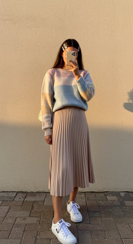 Colorblock Sweater and Pleated Skirt