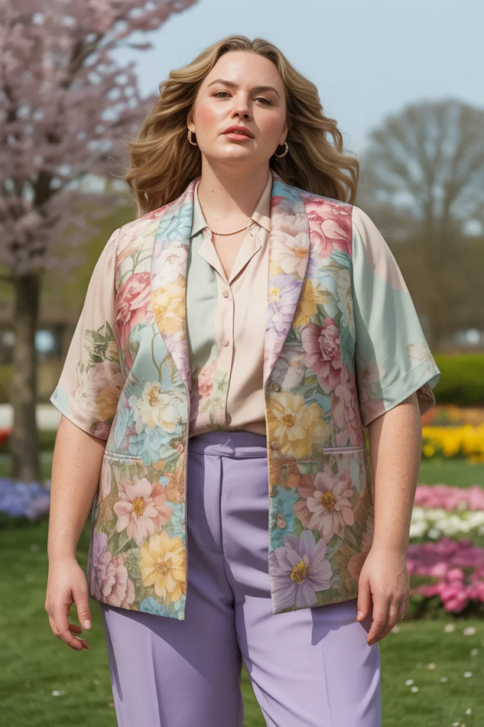 Plus Size Floral Tapestry Vest Over Soft Blouse With Tailored Trousers Easter Outfit