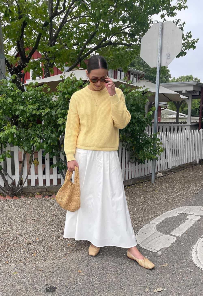 Pullover Sweater, Poplin Skirt + Flats
