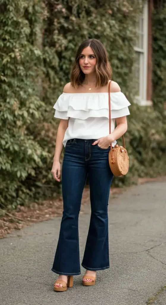Ruffled Off-Shoulder Top and Flared Jeans