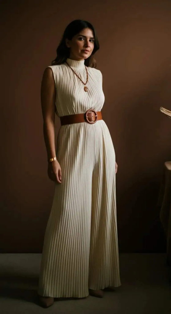 Pleated Palazzo Jumpsuit with Statement Belt