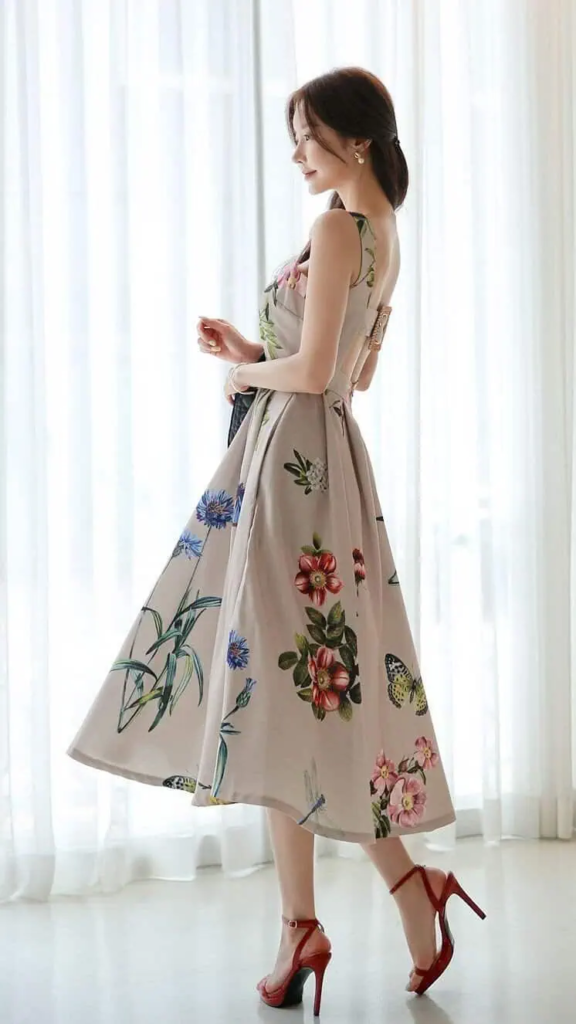 Floral Tea-Length Dress with Vintage Flair
