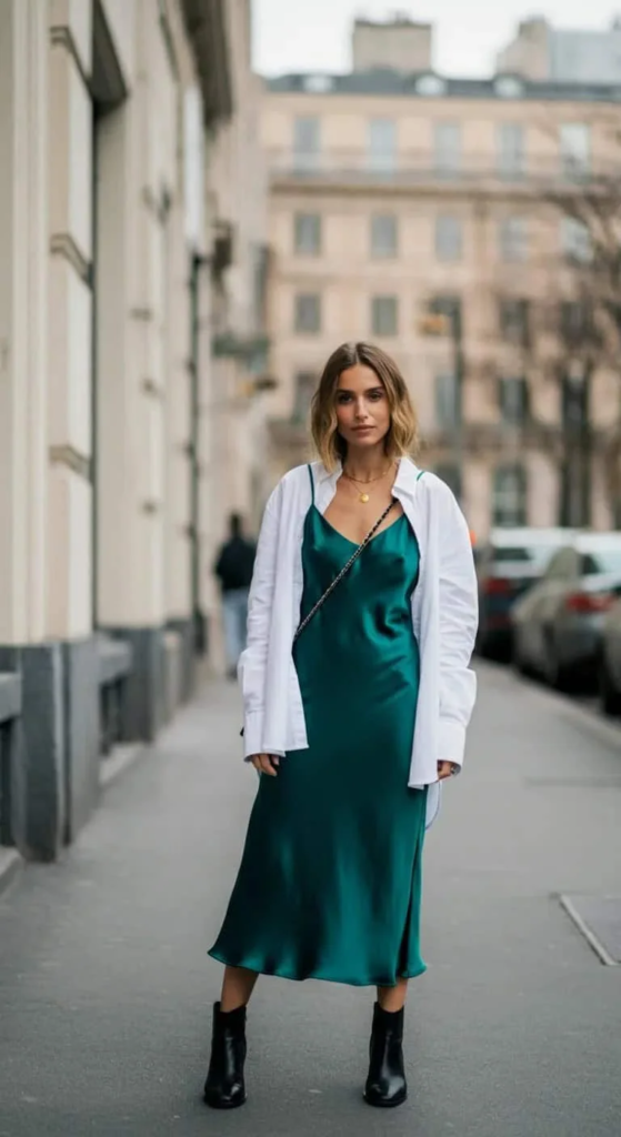 Satin Slip Dress with Oversized Shirt