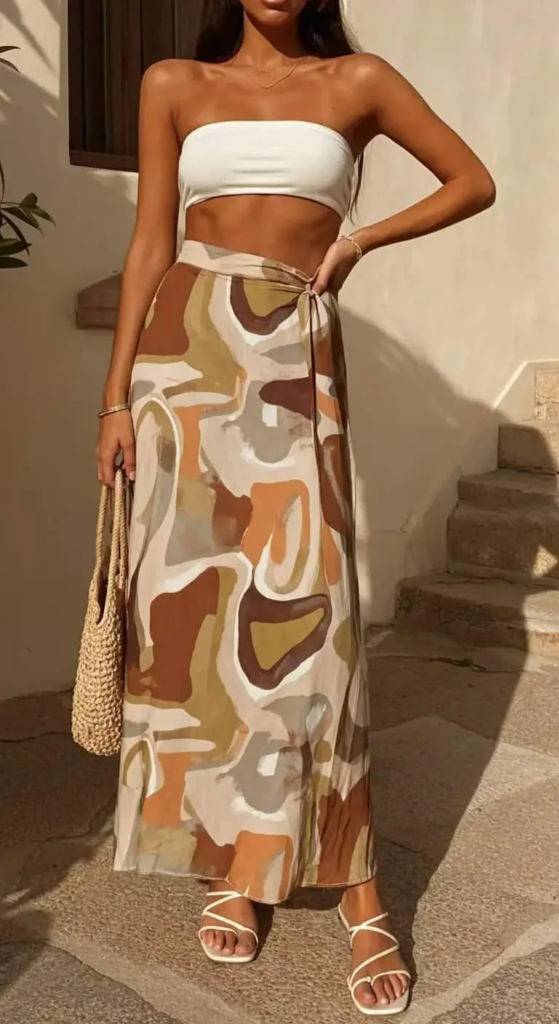 Printed Maxi Skirt and Bandeau Top