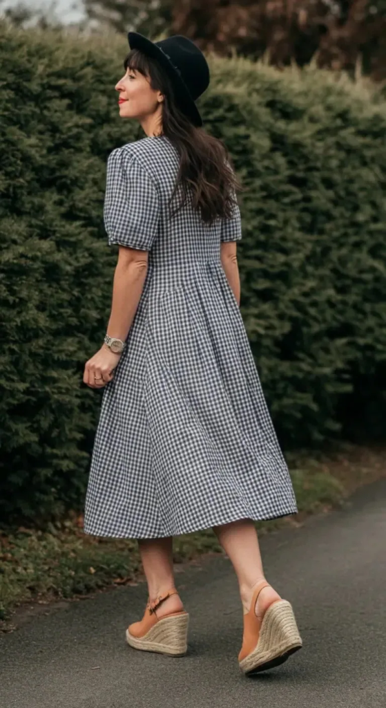 Gingham Dress with Wedges