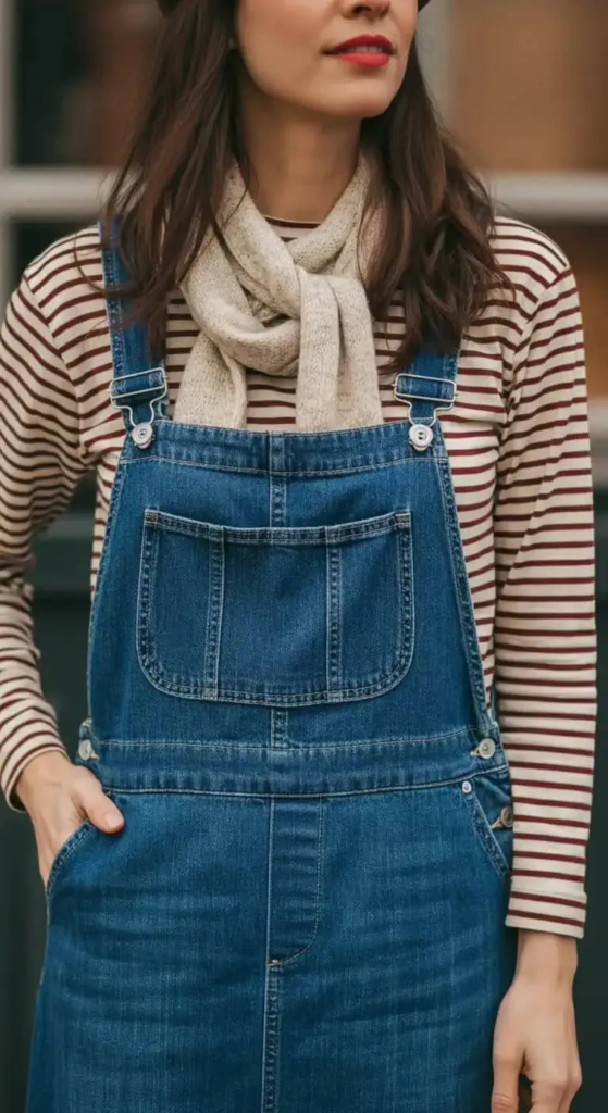 Denim Pinafore Dress with a Striped T-shirt