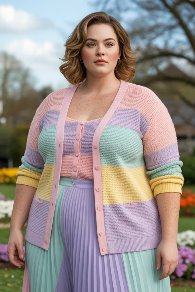 Plus Size Pastel Knit Cardigan Set With Pleated Skirt Easter Outfit