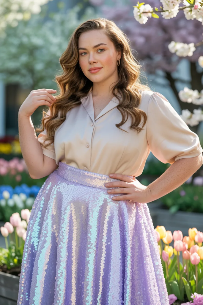 Plus Size Pastel Sequin Skirt With Simple Fitted Blouse Easter Outfit