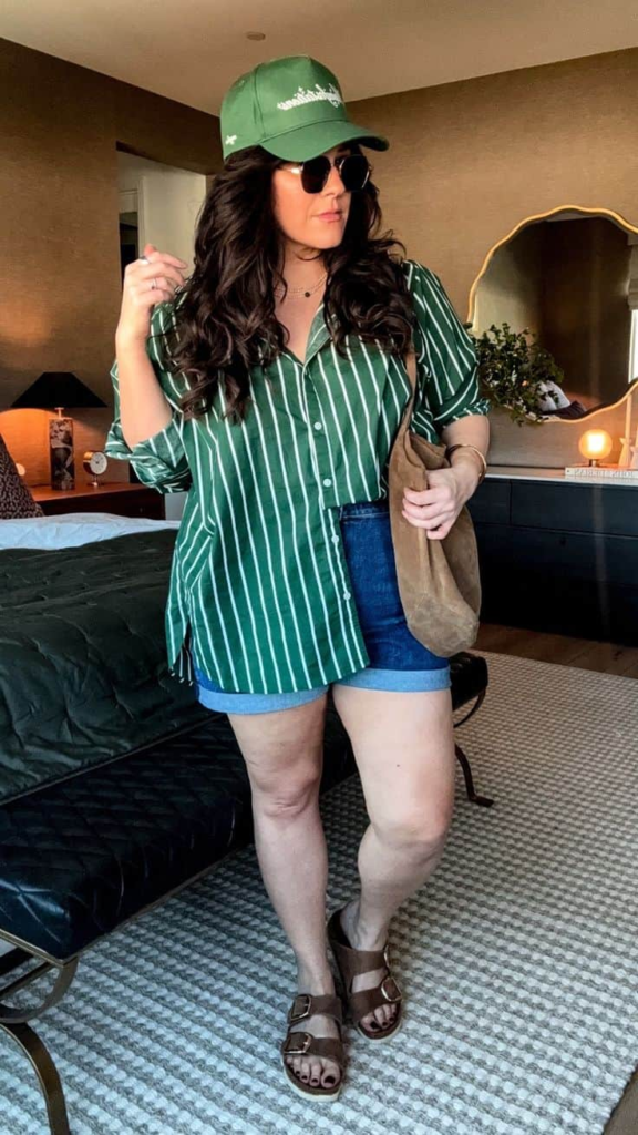 Green Stripes and Denim Shorts