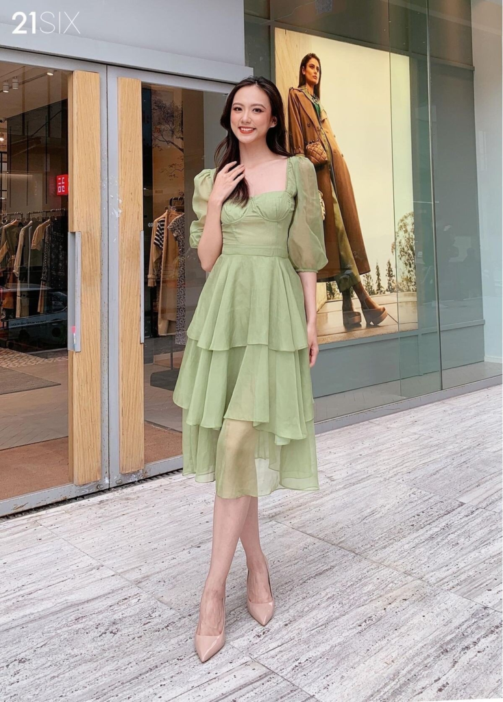 Elegant Sage Green Tiered Midi Dress