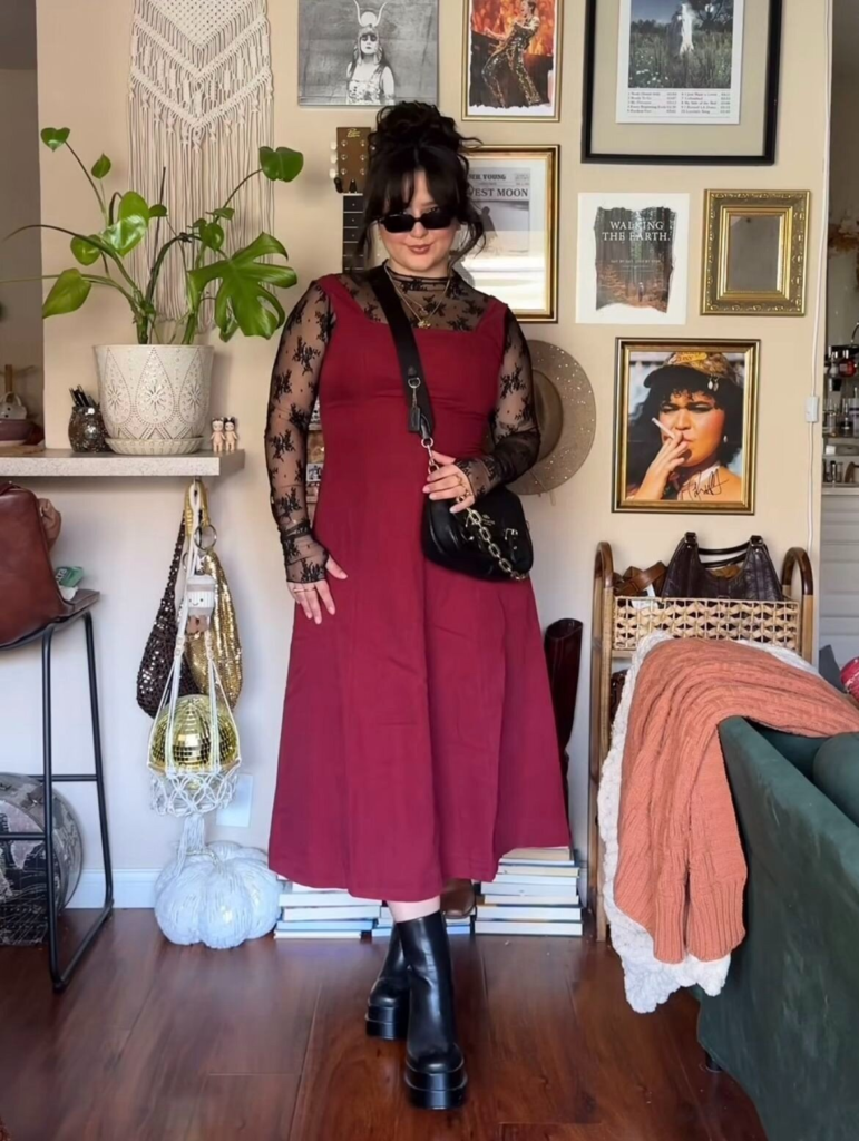 Burgundy Dress with Sheer Lace Overlay