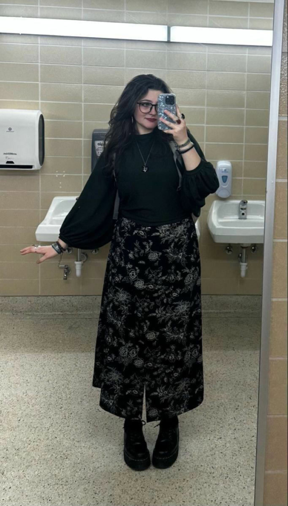 Black Puff Sleeve with Floral Midi Skirt