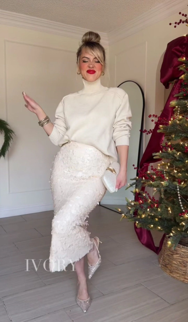 Chic All-White Sweater and Lace Skirt