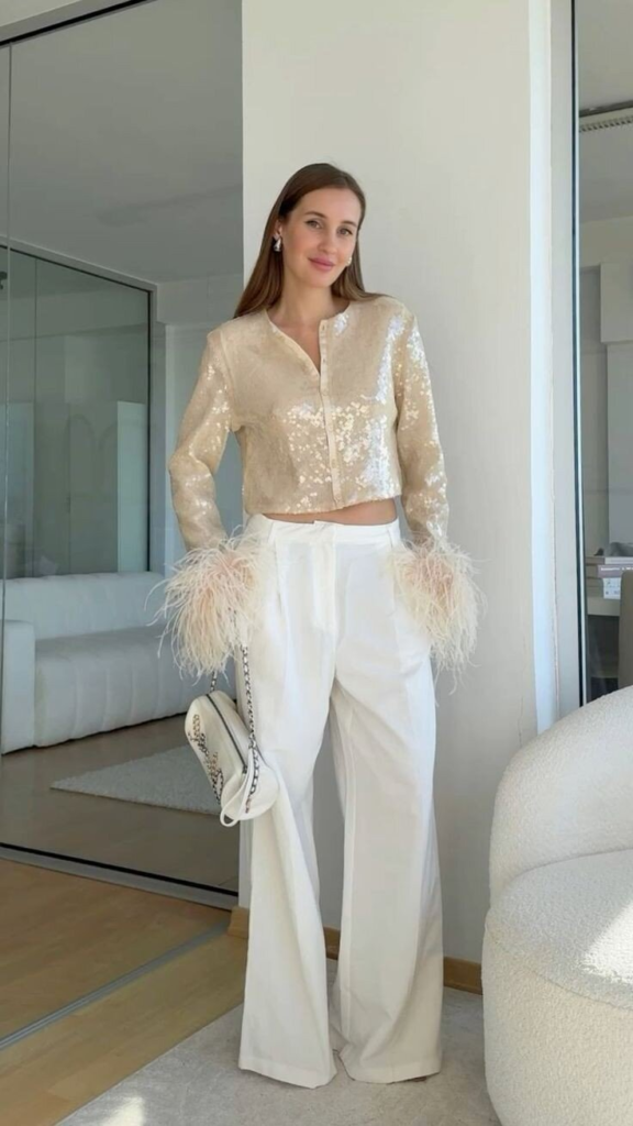 Sequin Crop Top with Feathered Cuffs