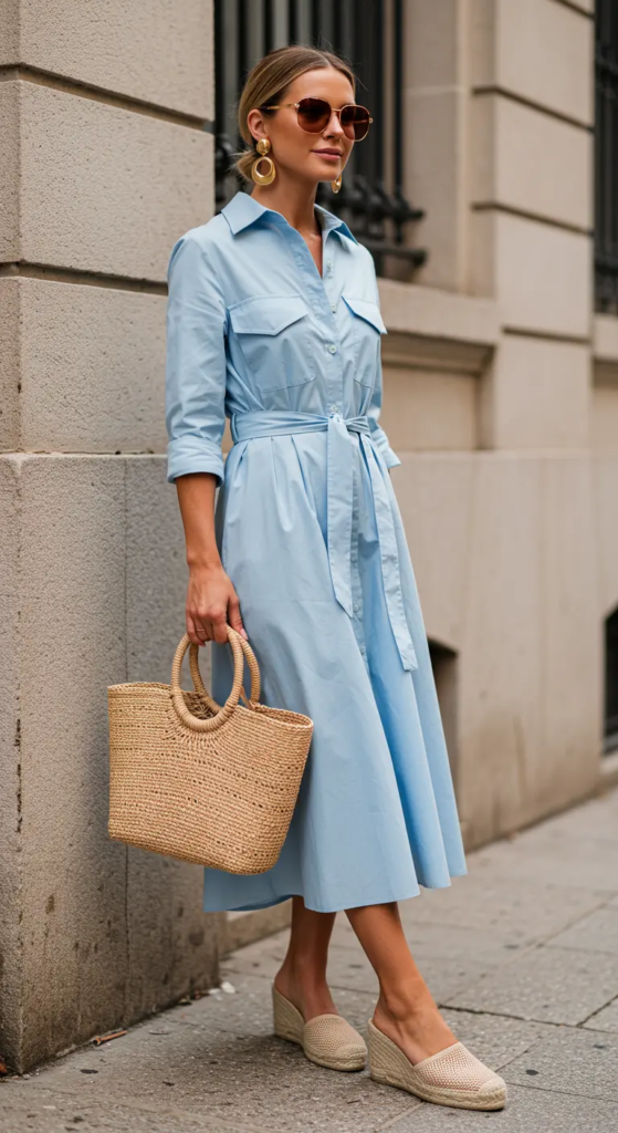 Midi Shirt Dress and Espadrille Wedges