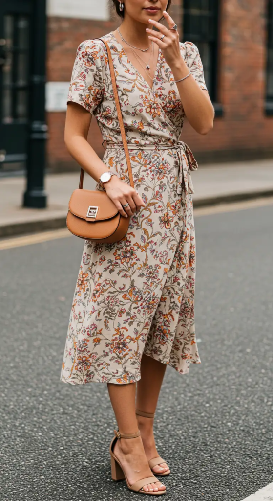 Floral Wrap Dress and Block Heel Sandals