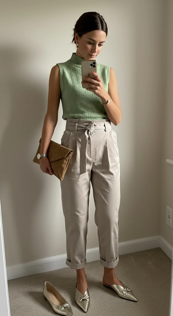 Sleeveless Knit Top and Paper Bag Waist Trousers