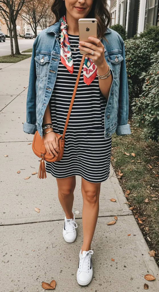 Striped T-Shirt Dress and Denim Jacket