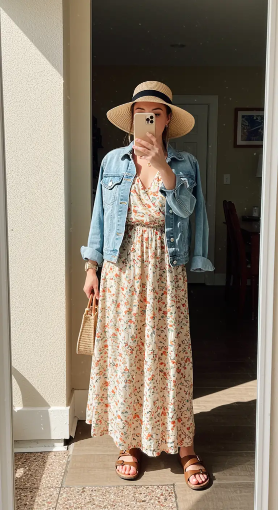  Flowy Maxi Dress with Denim Jacket