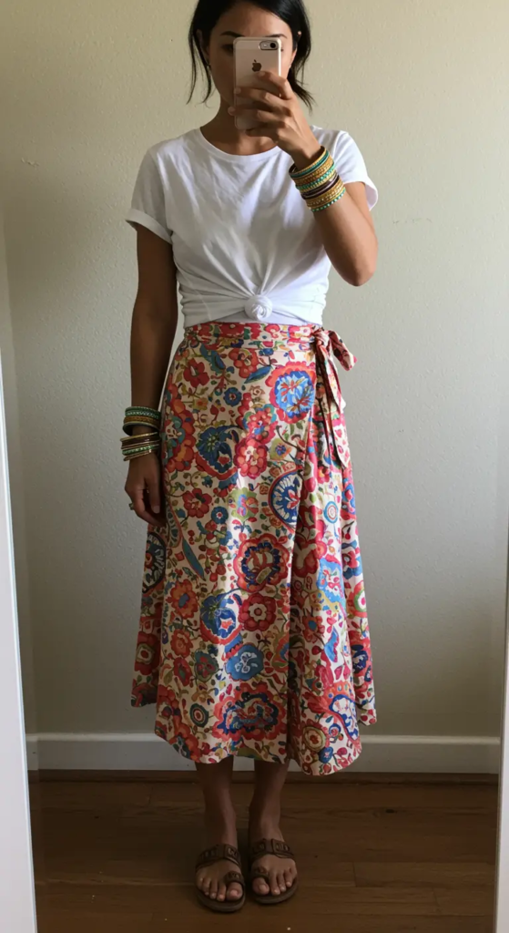 Wrap Skirt and Knotted T-Shirt