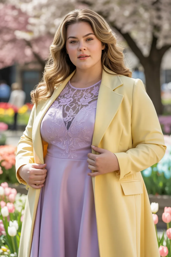 Plus Size Pastel Lace-Detail Church Dress With Tailored Coat Easter Outfit