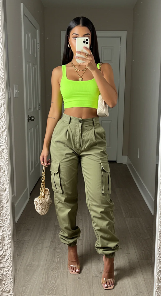 Neon Crop Top and High-Waisted Cargo Pants