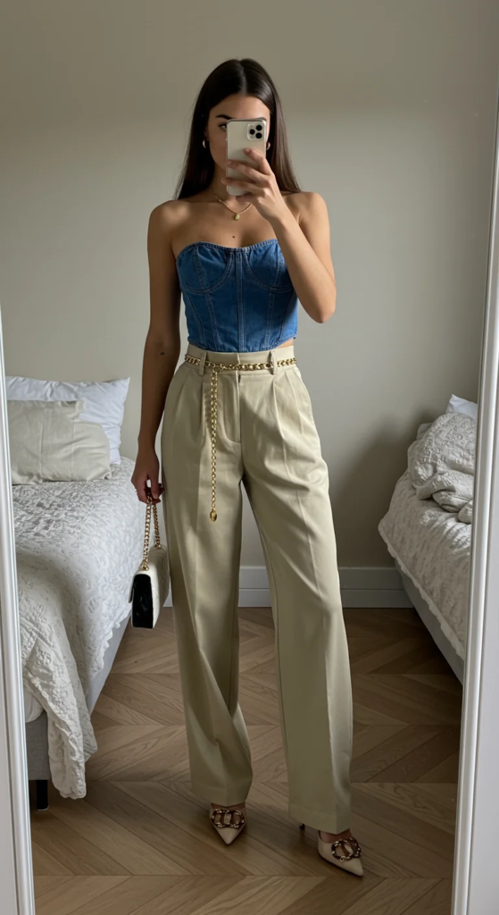 Denim Bustier and Wide-Leg Trousers