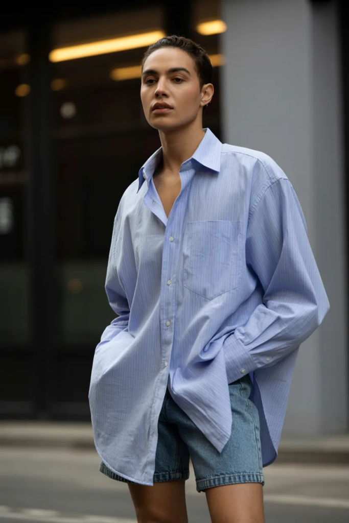Oversized Button-Down and Denim Shorts