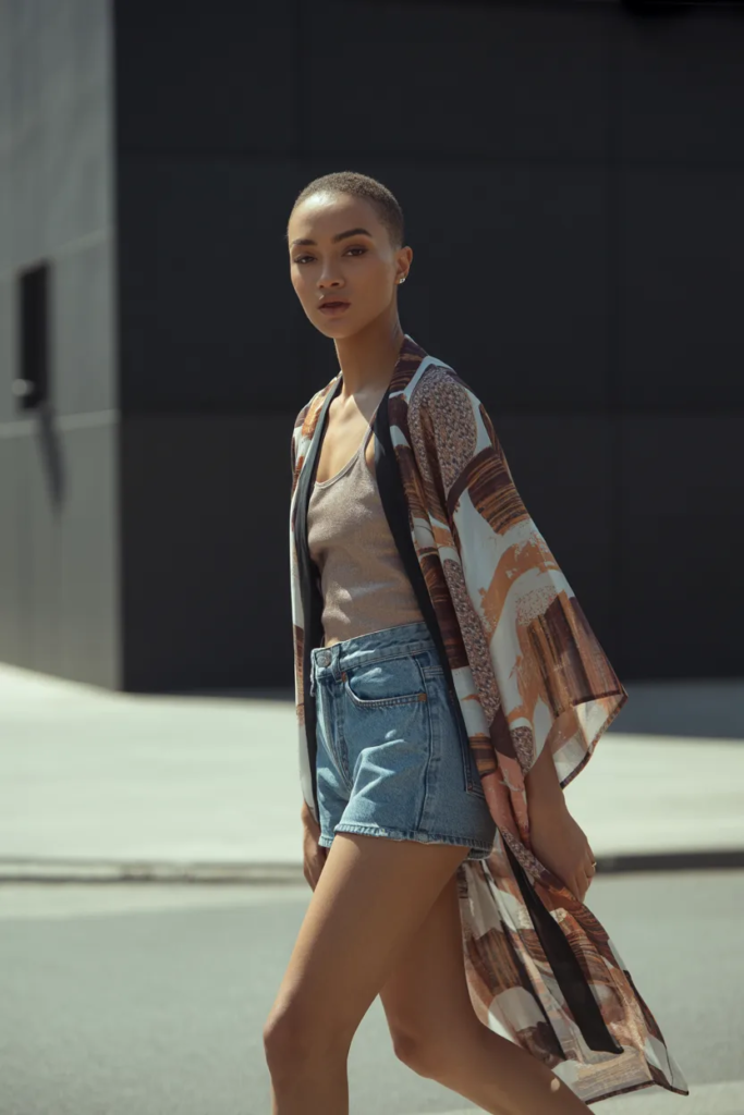Printed Kimono and Denim Cutoffs