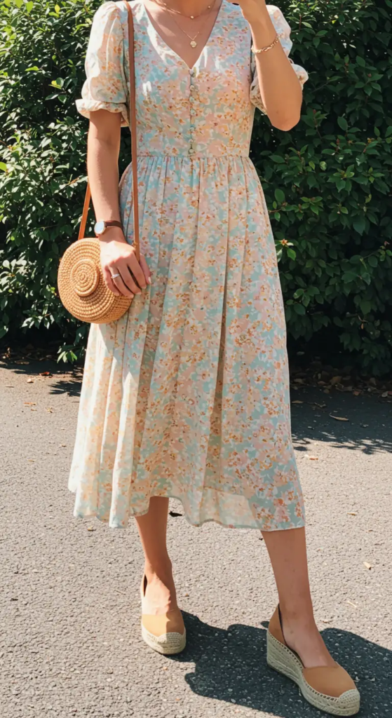Floral Midi Dress with Espadrille Wedges