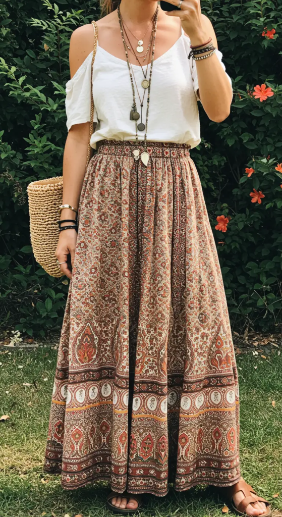 Boho-Chic Maxi Skirt and Off-Shoulder Top