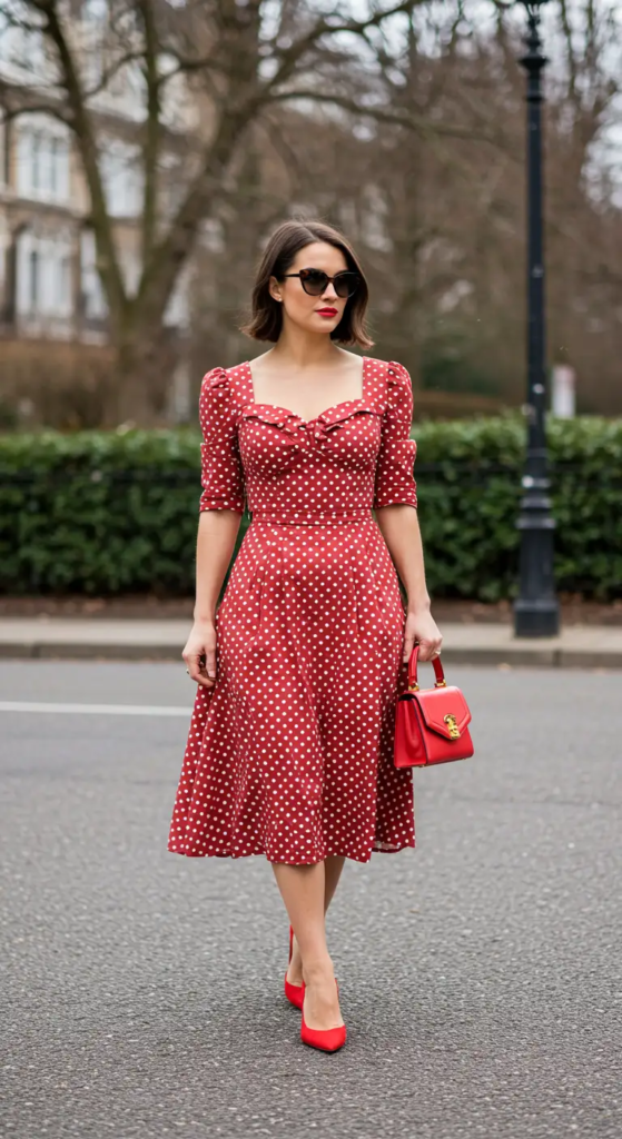 Retro-Inspired Polka Dot Dress and Cat-Eye Sunglasses