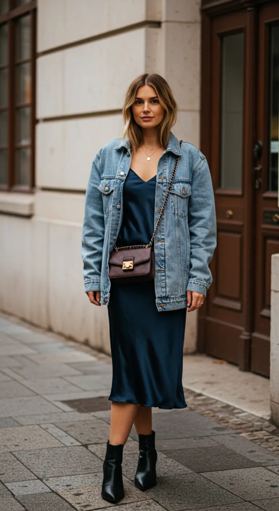 Satin Slip Dress with Denim Jacket