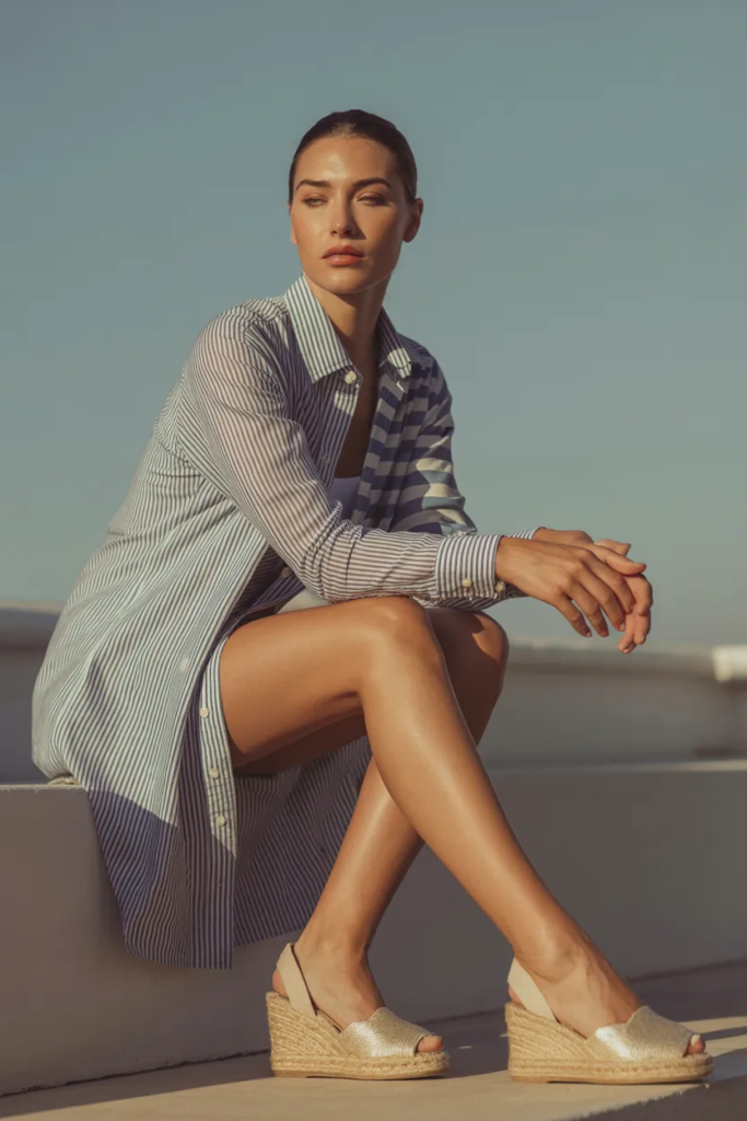 Striped Shirt Dress with Espadrille Wedges