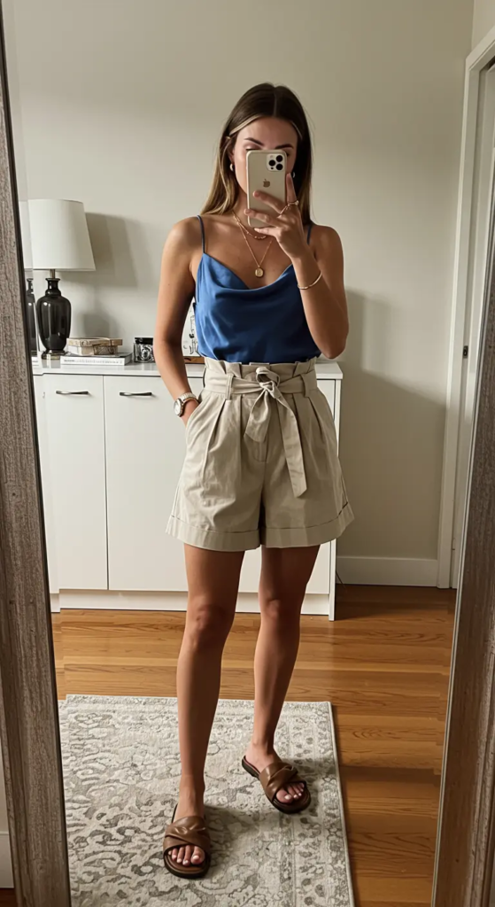 Silk Camisole and Paper Bag Waist Shorts