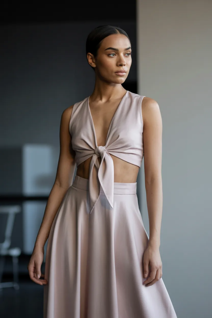 Tie-Front Crop Top and Midi Skirt Combo