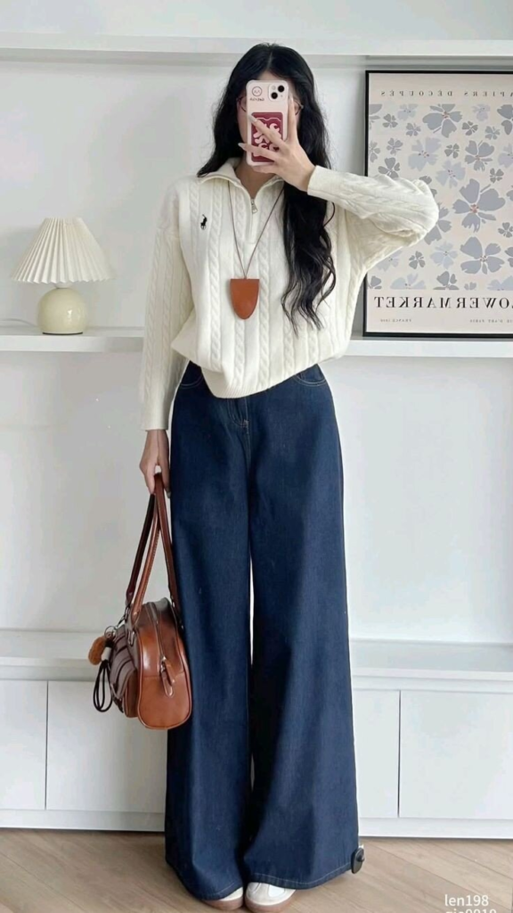 Cream Cable Knit with Wide-Leg Denim