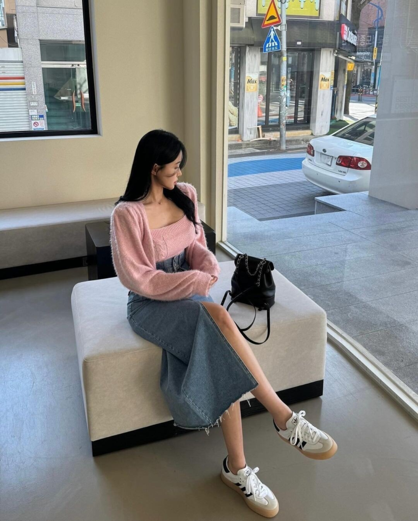 Soft Pink Cardigan with Denim Skirt