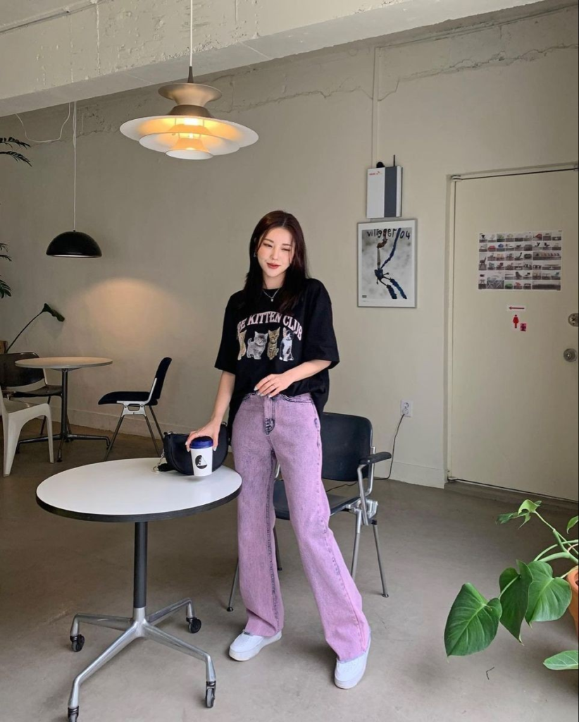 Vintage Tee with Lavender Wide-Leg Jeans