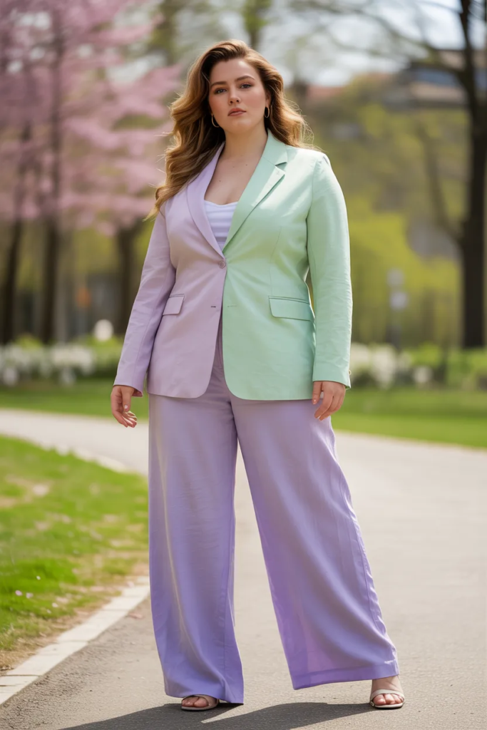 Plus Size Pastel Blazer With Wide-Leg Linen Pants Easter Outfit