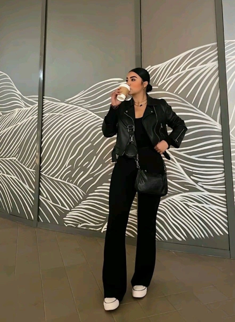 All-Black Leather Jacket with Platform Sneakers