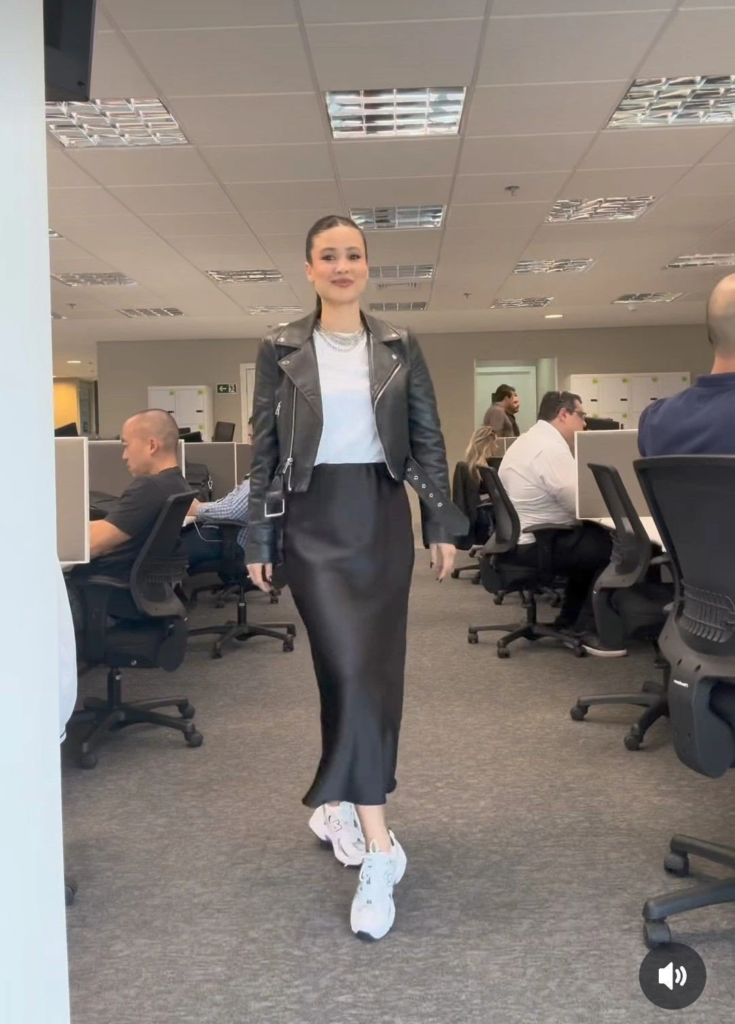Black Leather Jacket with Midi Skirt