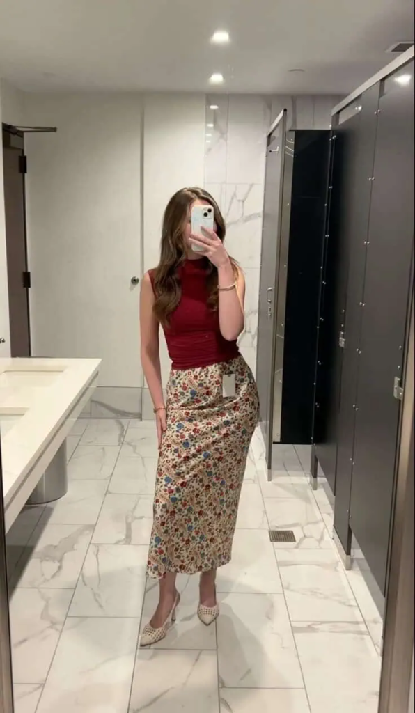 Burgundy Top With Floral Midi Skirt