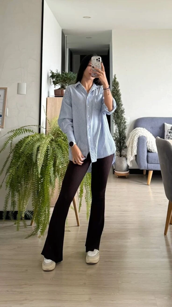 Striped Shirt with Flared Black Pants