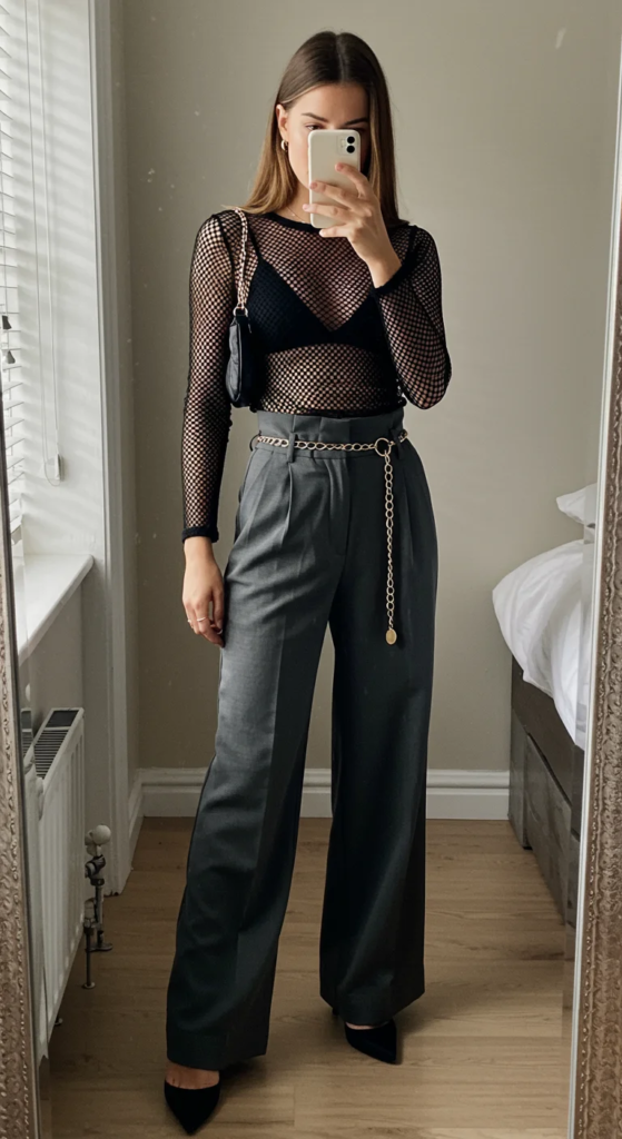 Fishnet Top and High-Waisted Trousers