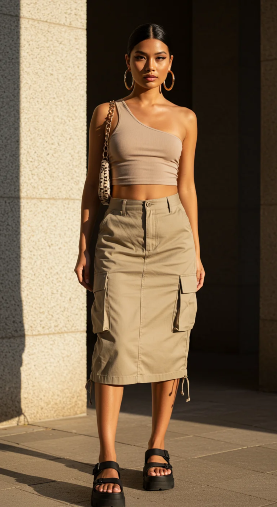 Asymmetrical Crop Top and Cargo Skirt