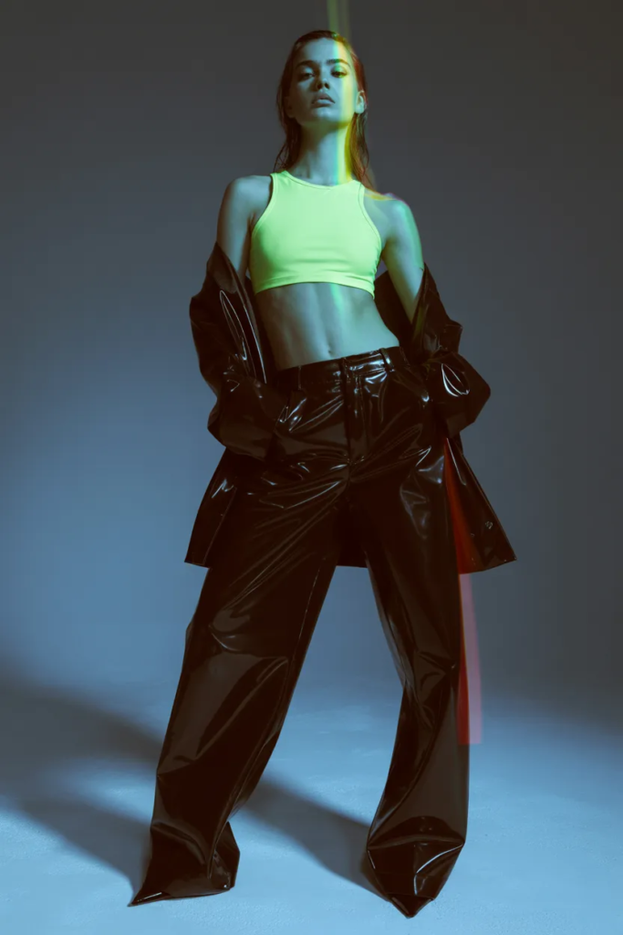 Neon Crop Top and High-Waisted Vinyl Pants